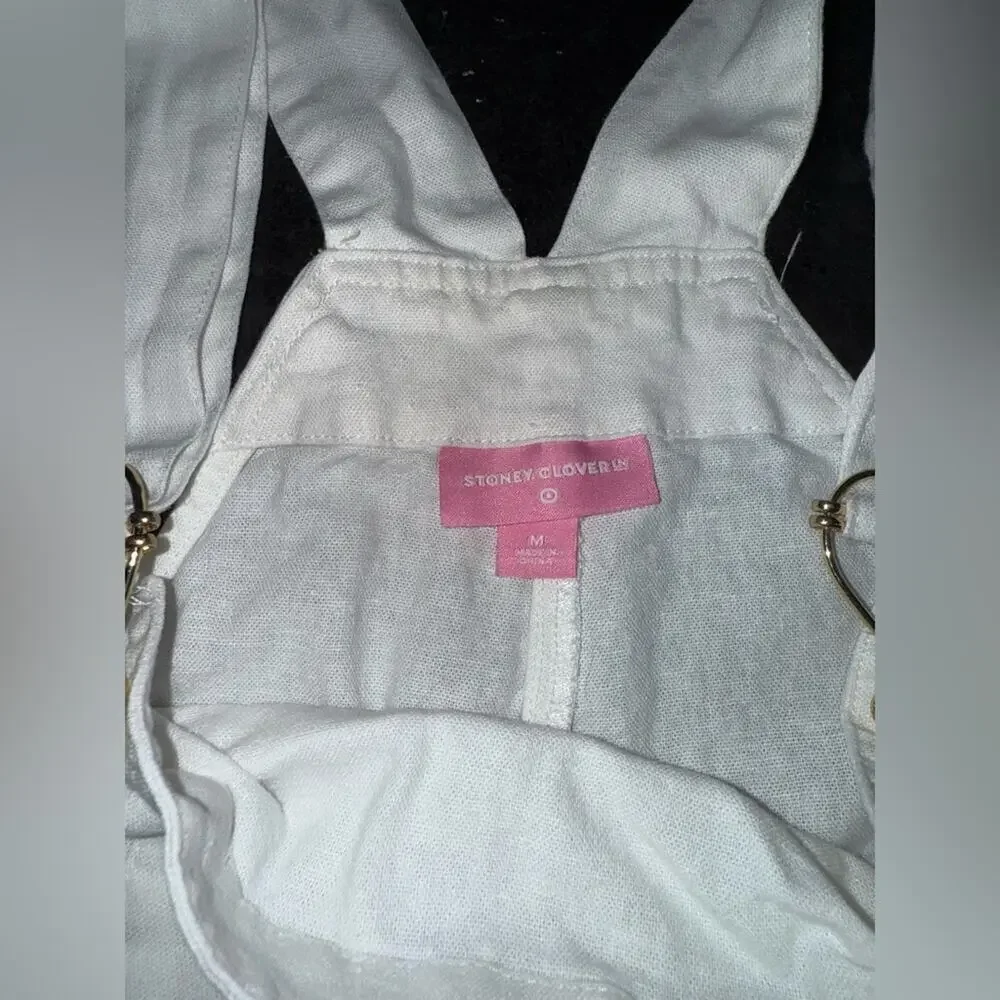 UEC Stoney Clover Lane White Linen Rayon Blend Cropped Overalls SZ M